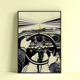 Dripster Porsche driver perspective poster showing illustrated view from driver seat inside classic car